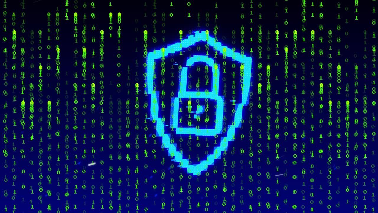 Dim shield outline appearing, blue pixel shield growing, binary rain rising, showing data security