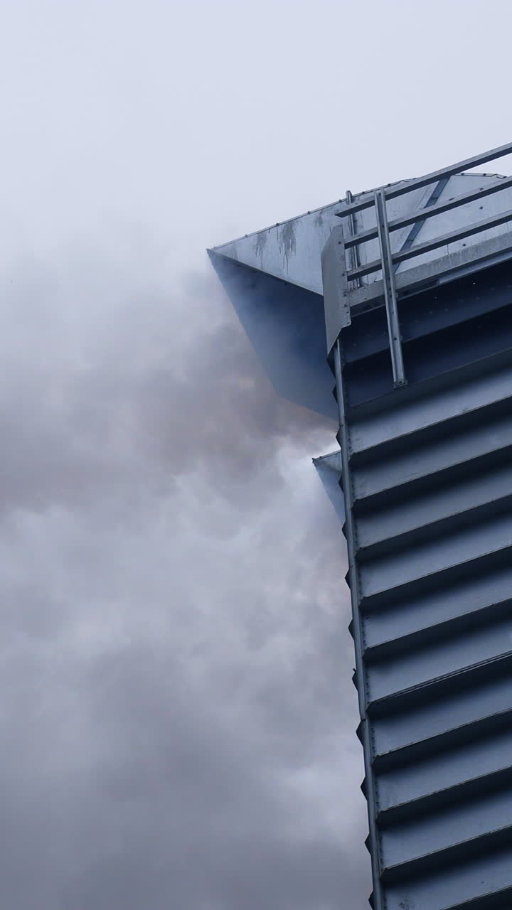 Clouds of grey thick smoke coming from the pipe in the industrial grain dryer. High metal building of industrial grain dryer at work. Vertical video