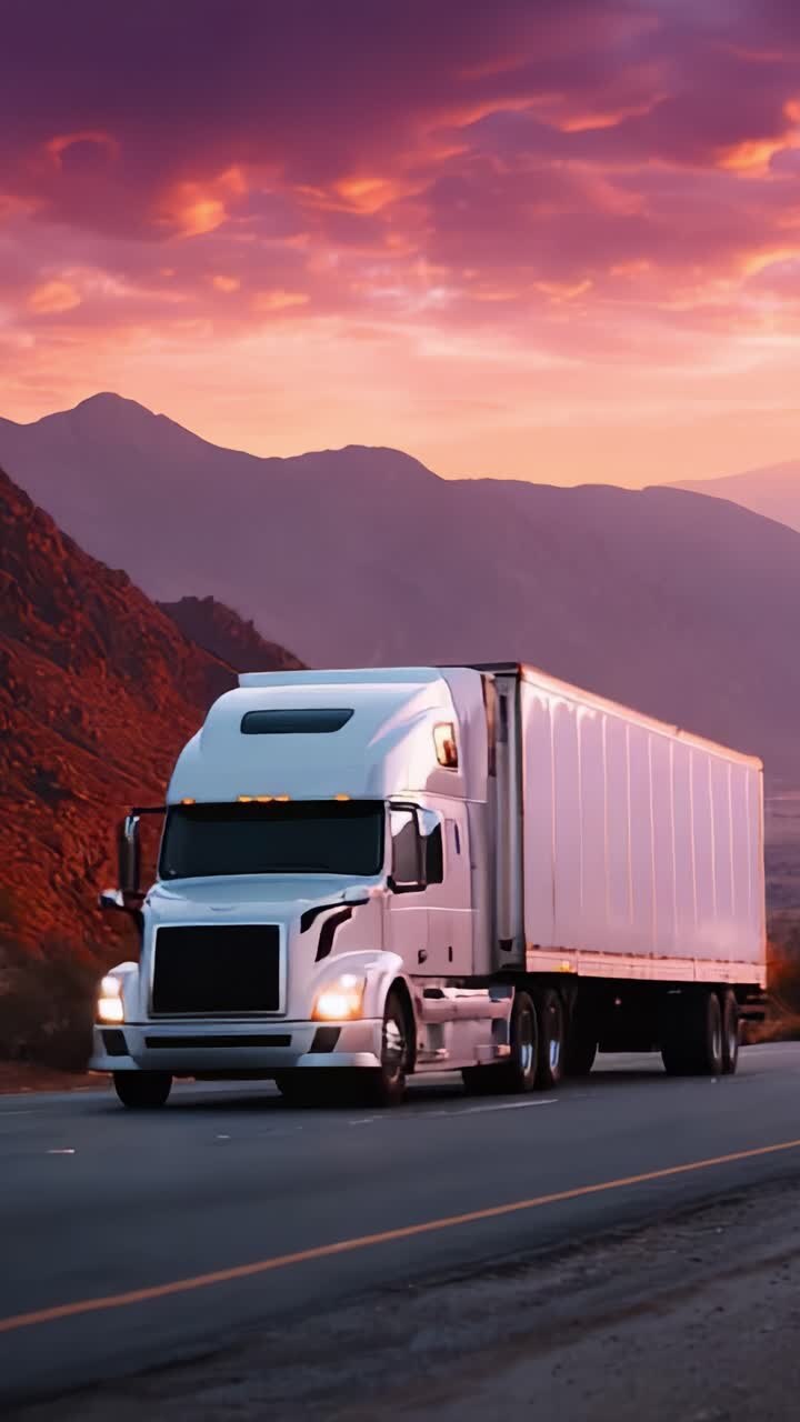 A White Semi-Truck Navigates a Scenic Road Against Majestic Mountains and a Colorful Sunset Sky, Illuminating the Journey Through Nature's Beauty