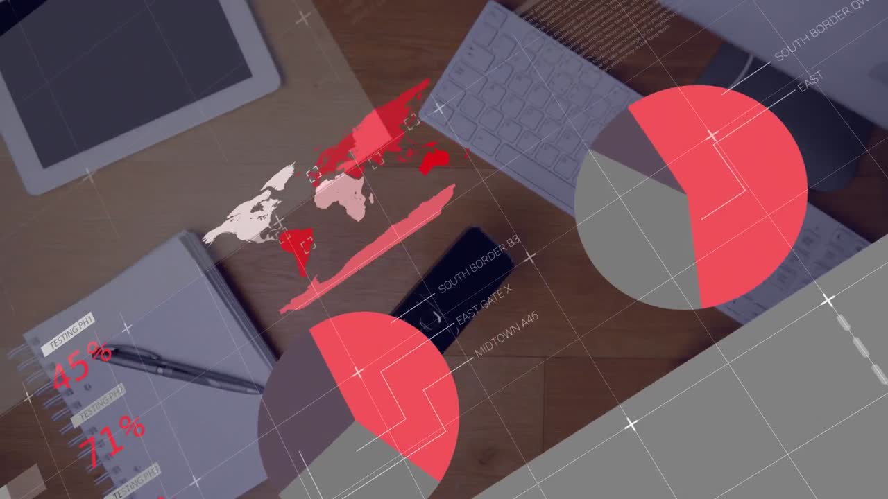 animación de las estadísticas y procesamiento de datos sobre el escritorio con computadoras y artículos de oficina.
