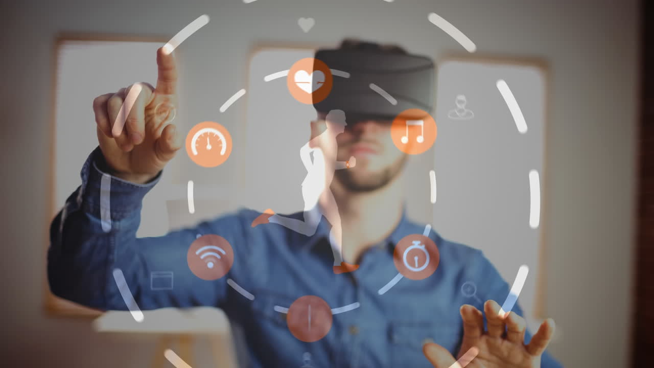 Interacting with virtual icons, man wearing VR headset in animation