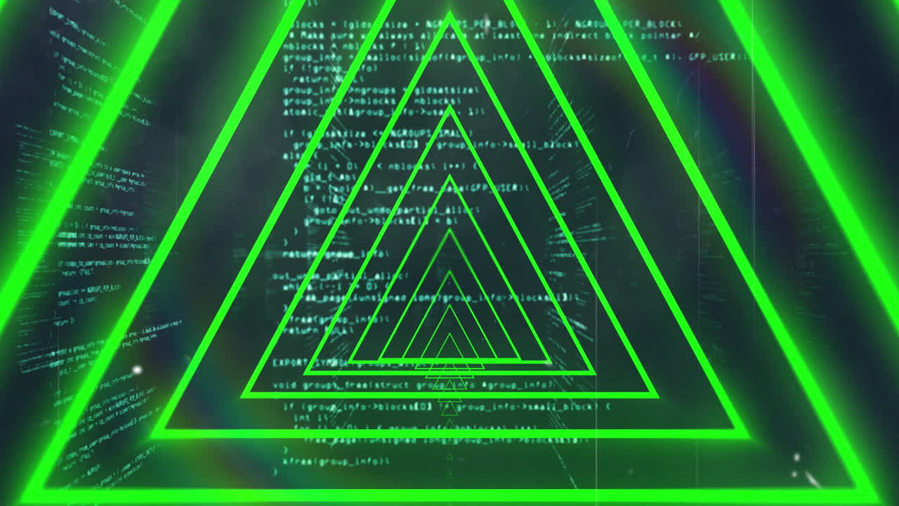 animación de formas geométricas de neón verde sobre el procesamiento de datos