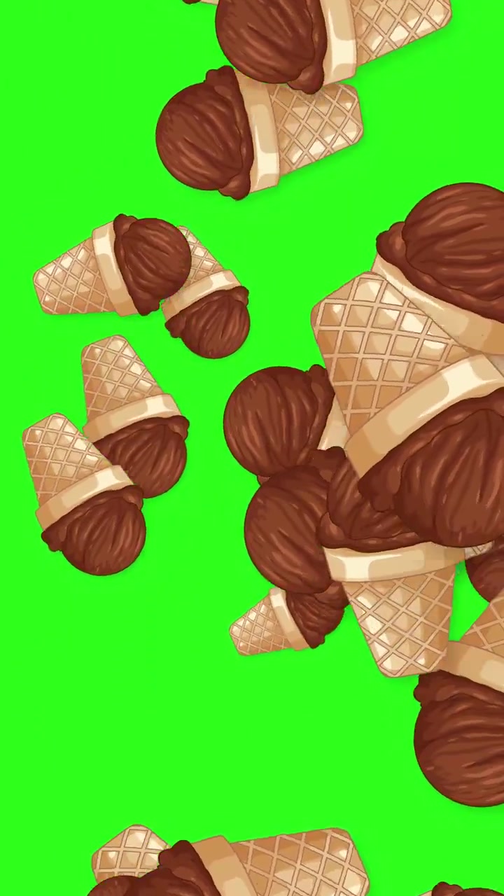 Coni gelato al cioccolato a cartone animato cadono e rotolano su uno sfondo verde brillante