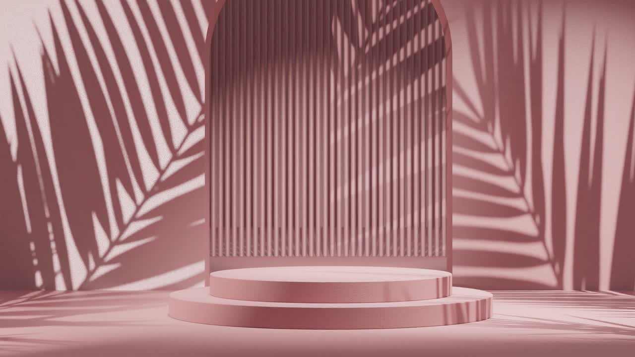 pantalla rosa mínima para fondo cosmético soporte de producto con ambiente de playa, renderización 3d, bucle de animación de ilustración 3d