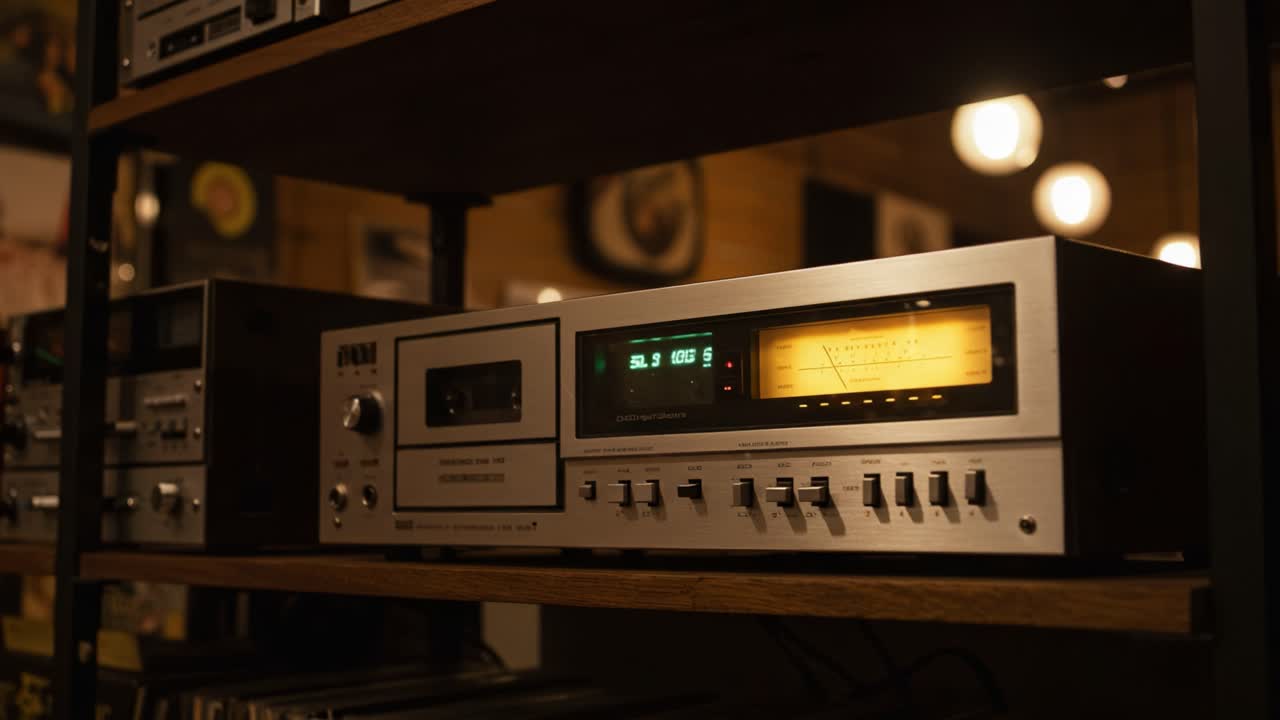 Classic Audio Equipment Displaying Vintage Technology with Detailed Controls and Illuminated Meters in a Cozy Ambiance of a Retro-Inspired Space