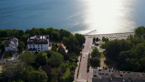 aerial landscape of road and modern hotel buildings at the seaside boulevard in gdynia, poland on a sunny morning