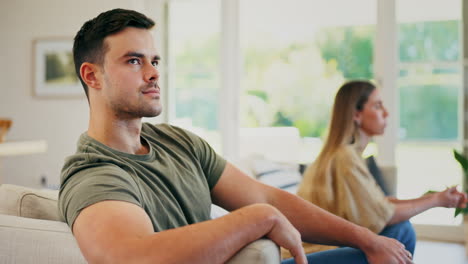 Couple,-fight-and-thinking-in-home-of-divorce