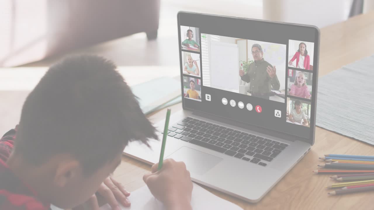 Student writing with pencil in online class, teacher gesturing activating laptop lock overlays