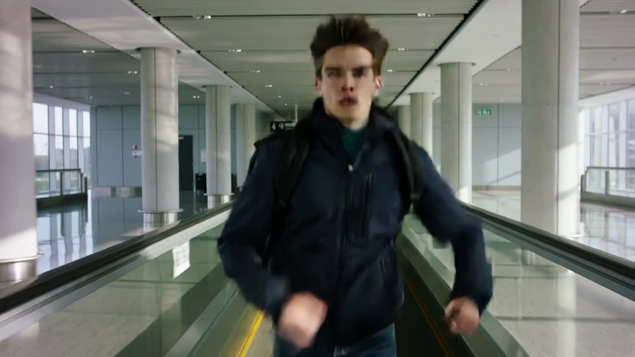 Viaggiatore uomo che scatta lungo il corridoio del terminal verso l'obiettivo, muovendo energicamente le braccia, con uno zaino.