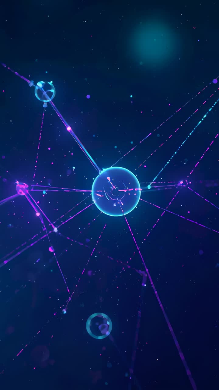 Vertical video: Zooming view starting pulsing core orb rotating markers in dark void for data flow