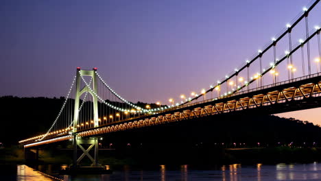 illuminated bridge at night with reflections on water