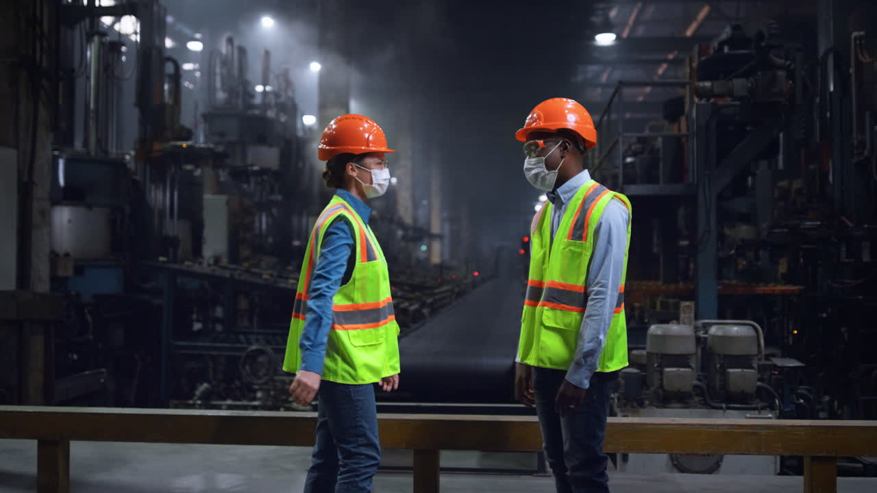 Industrial engineer partners greeting wearing safety face mask at factory.