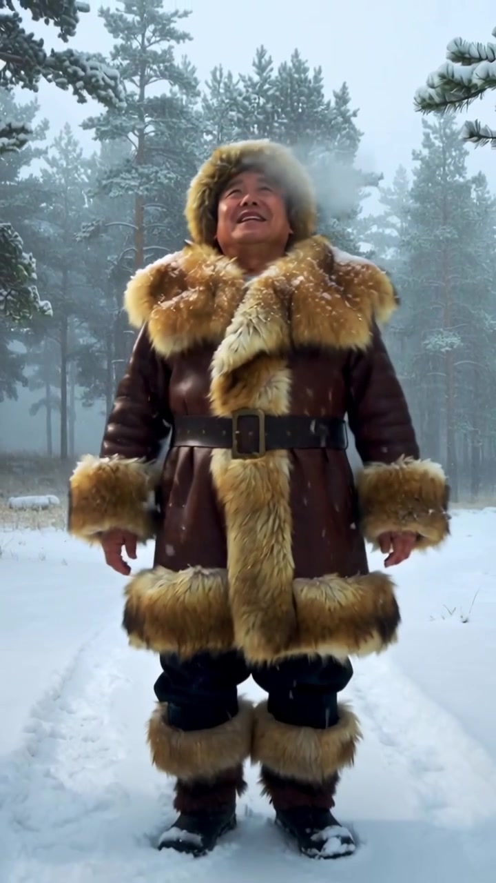 Vertical video: Stepping adult Asian man pausing on snowy pine trail, snowfall settling on fur trim