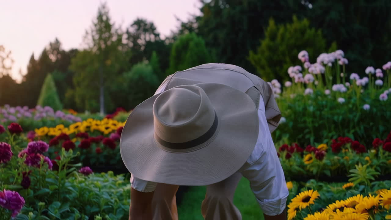 Gardener Working in a Flower Garden at Sunset