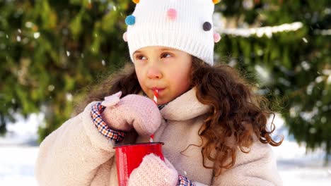 Niña-Bebiendo-Té-Caliente-Durante-Una-Caminata-En-Invierno.-Toma-Aérea-En-ángulo-Bajo-De-Una-Linda-Niña-Con-Gorro,-Parka-Y-Guantes-Bebiendo-Té-Caliente-De-Una-Taza-De-Acero-Inoxidable-Mientras-Camina-Por-El-Bosque-En-Un-Día-Soleado-De-Invierno.