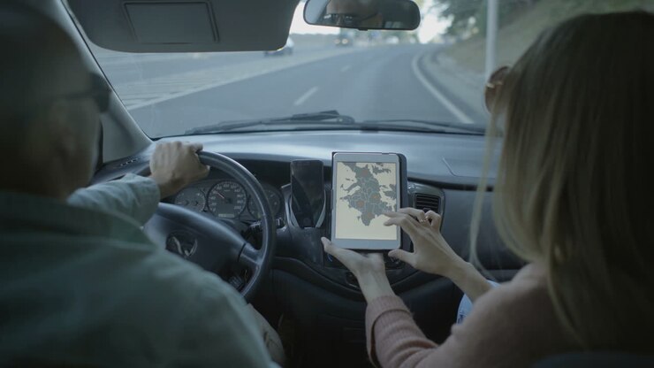 Coppia seduta in auto che discute il percorso