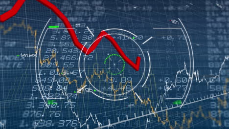 animation of scope scanning over financial and stock market data processing against blue background
