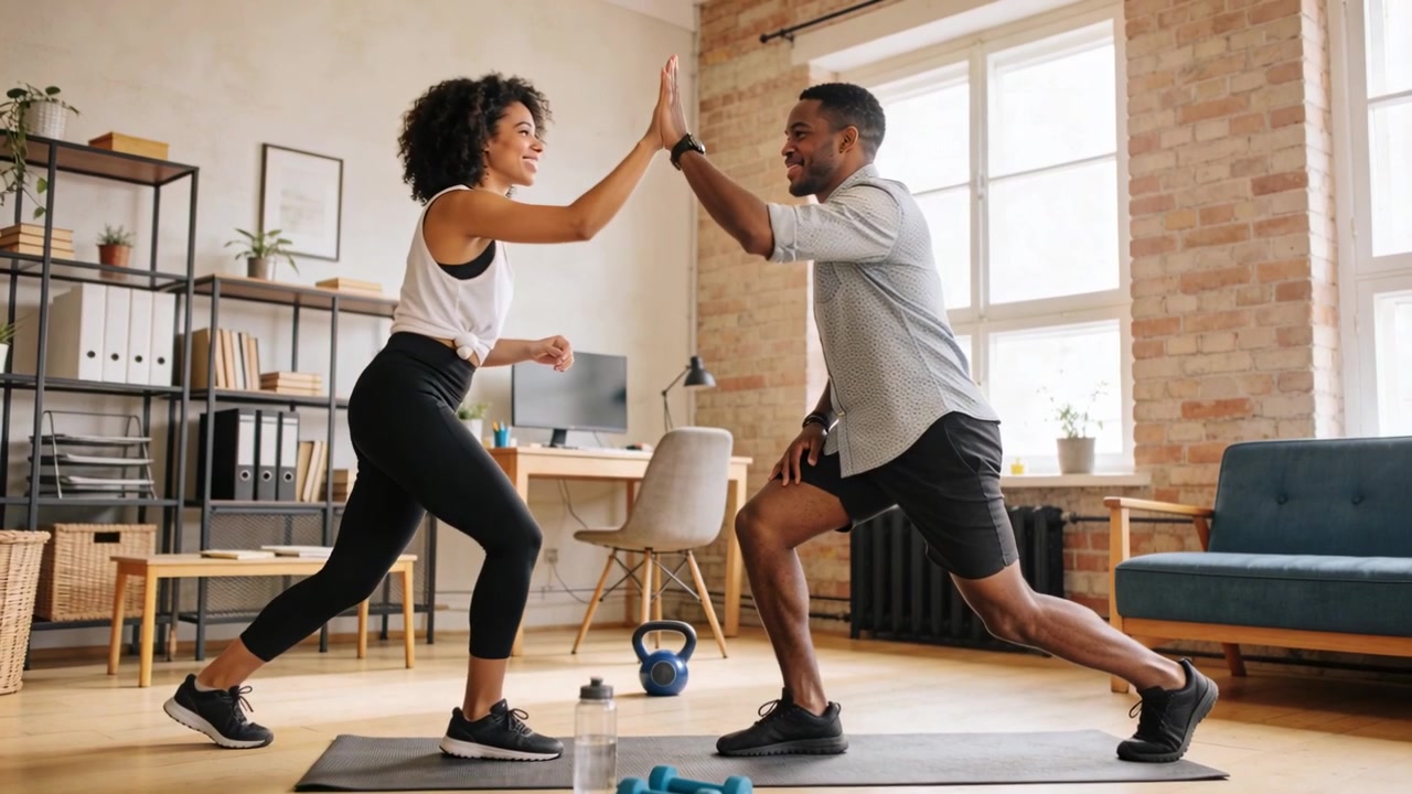 Facing on mats in living room, partners in gymwear lunging, high fiving near kettlebell for workout