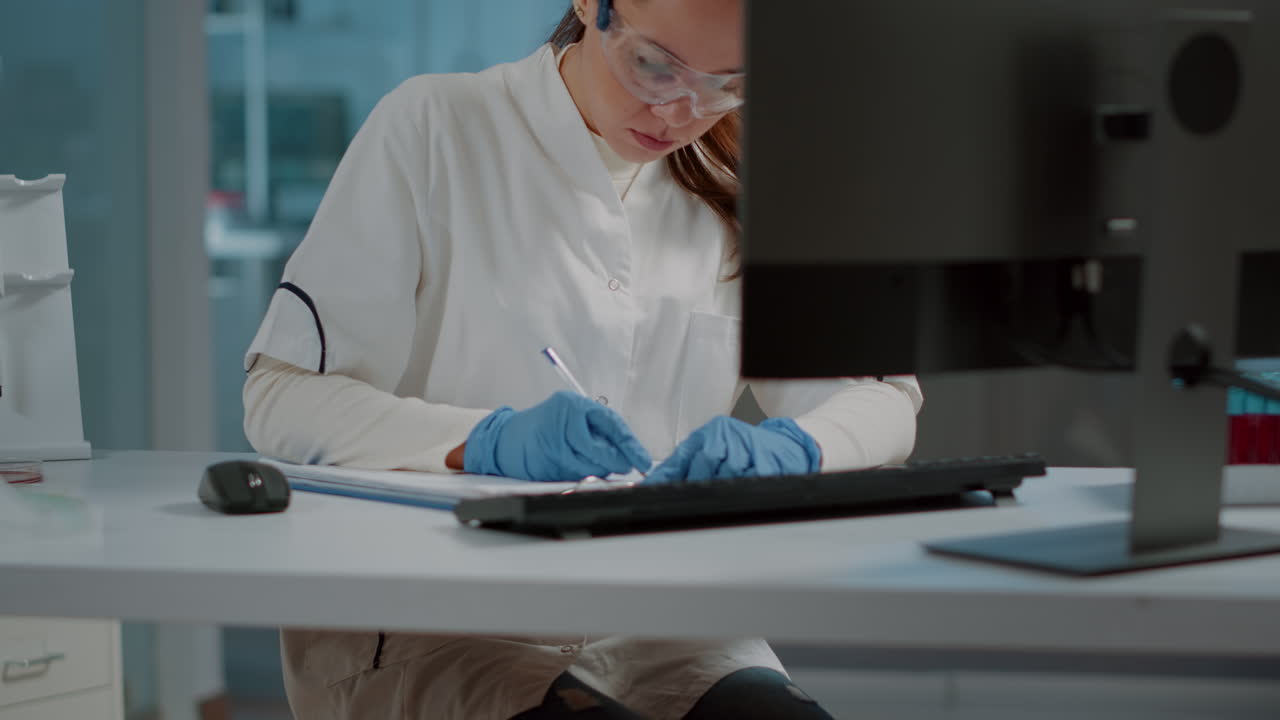 Science engineer working on computer and taking notes