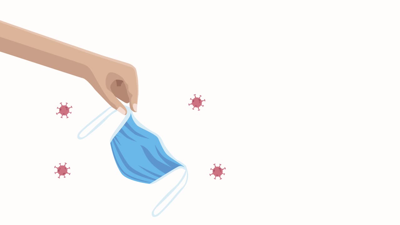 코로나19 입자를 손으로 들어올리는 의료 마스크 애니메이션