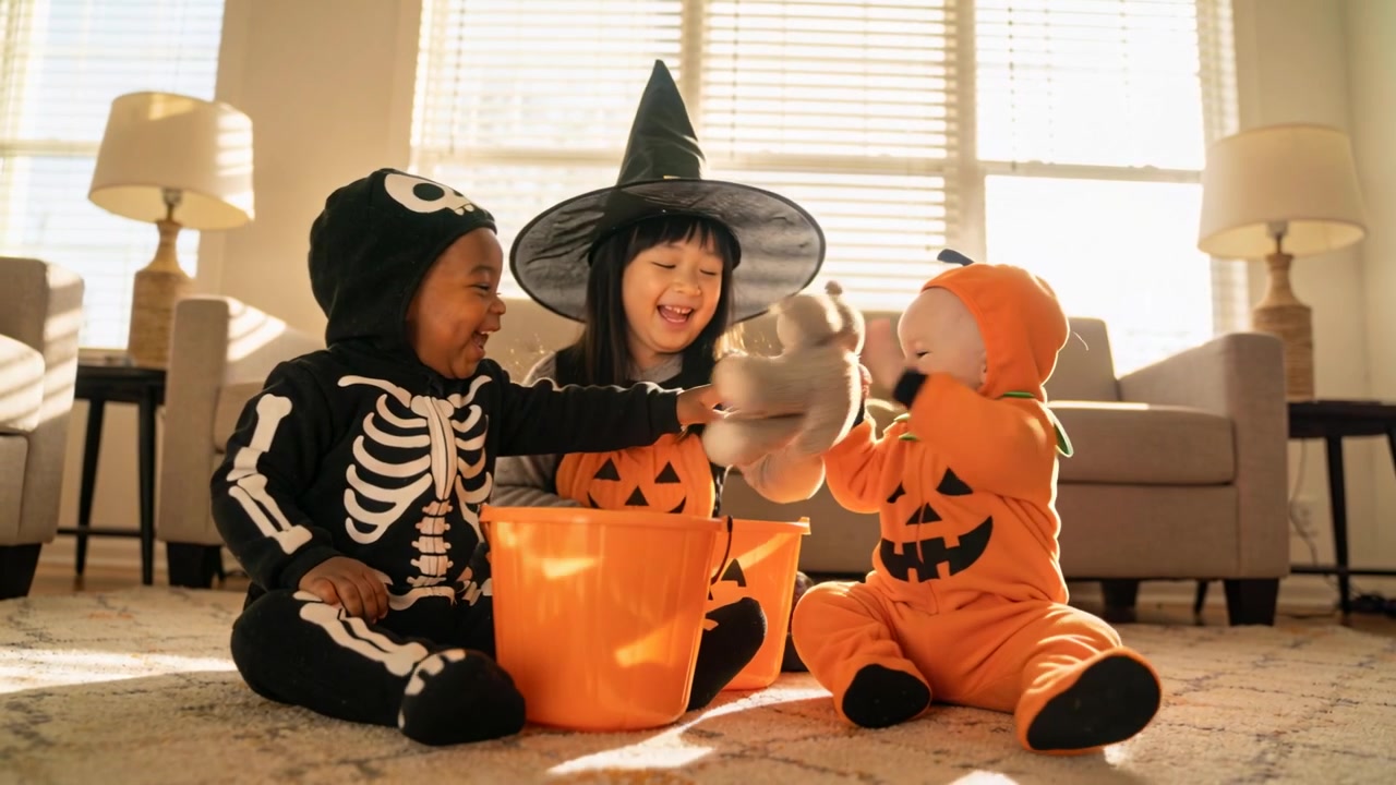 Reaching into orange pail, skeleton-kid handing toy to pumpkin to play in sunlit living room