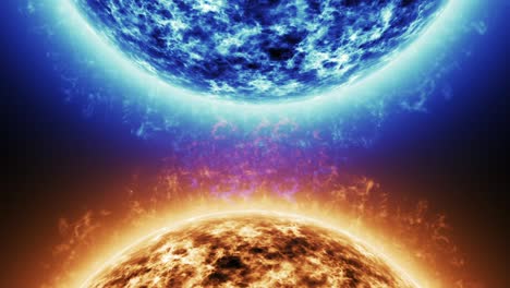 estrella azul contra estrella roja. superficie solar roja con llamaradas solares contra sol azul aislado en negro. superficie solar altamente realista con espacio para su texto o logotipo 4k.