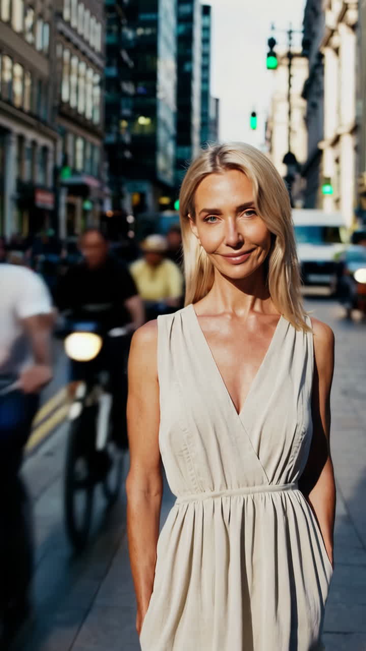 도시 거리에서 베이지 드레스를 입은 여자