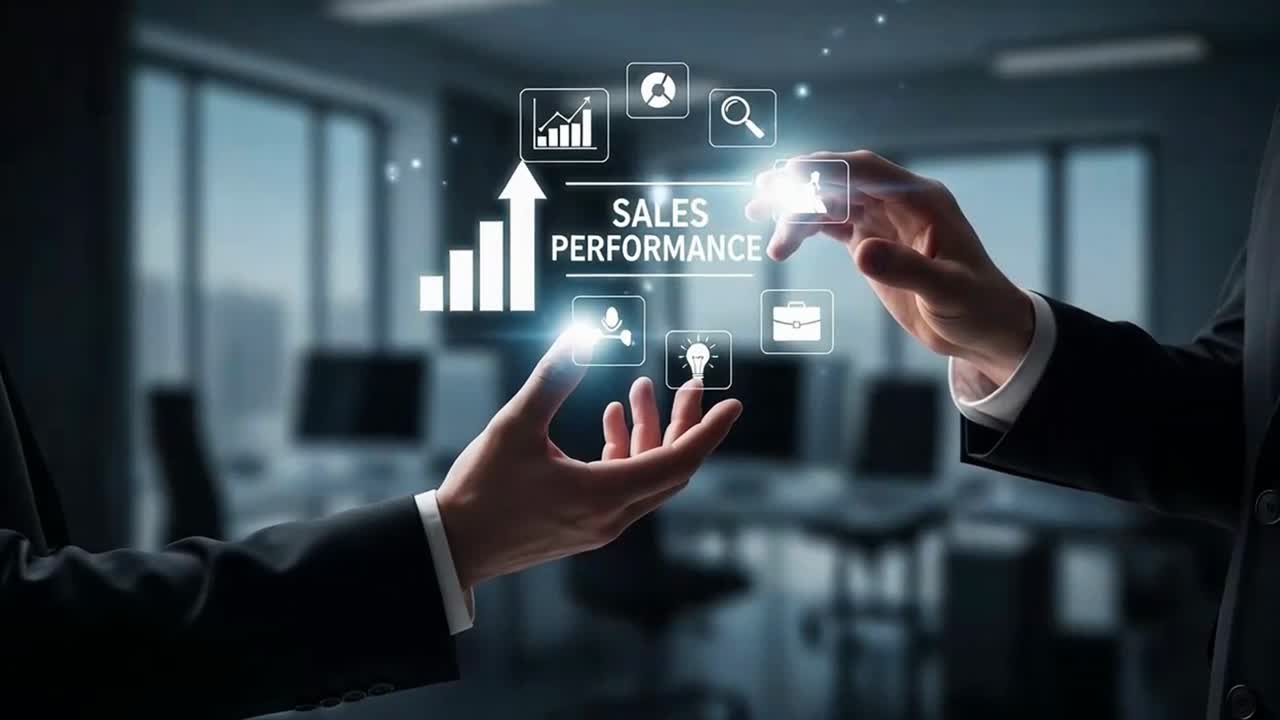 Professionisti aziendali che discutono le prestazioni di vendita su una dashboard interattiva virtuale in un ufficio
