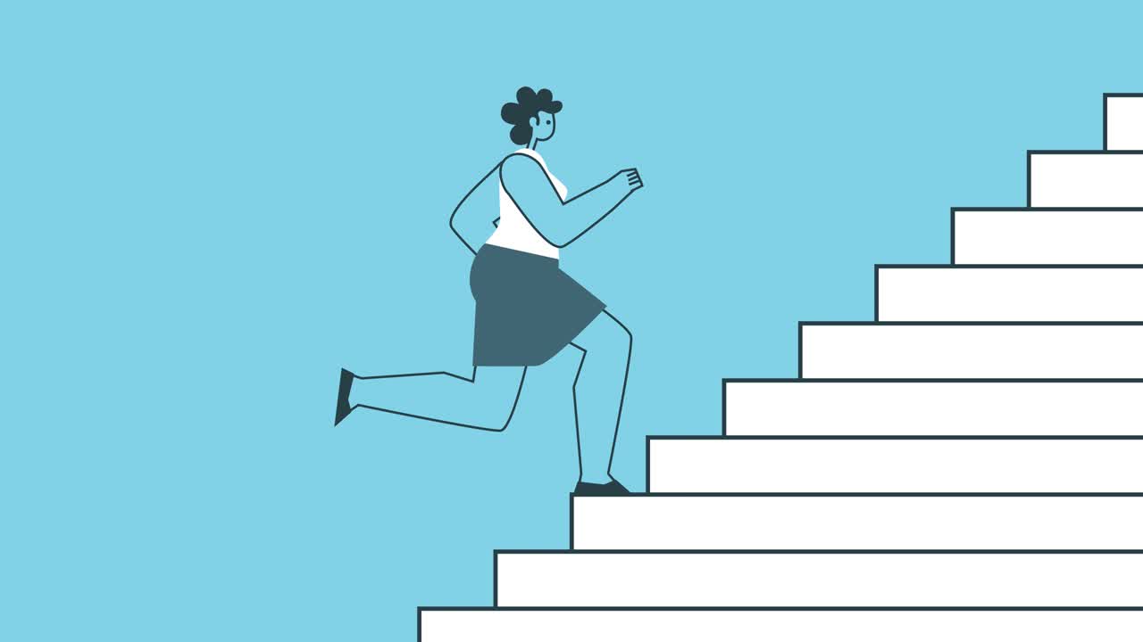 Running Up Climbing The Stairs. Success and Career Growth Concepts. Flat Design Woman Cartoon Character Isolated Loop 2d Animation
