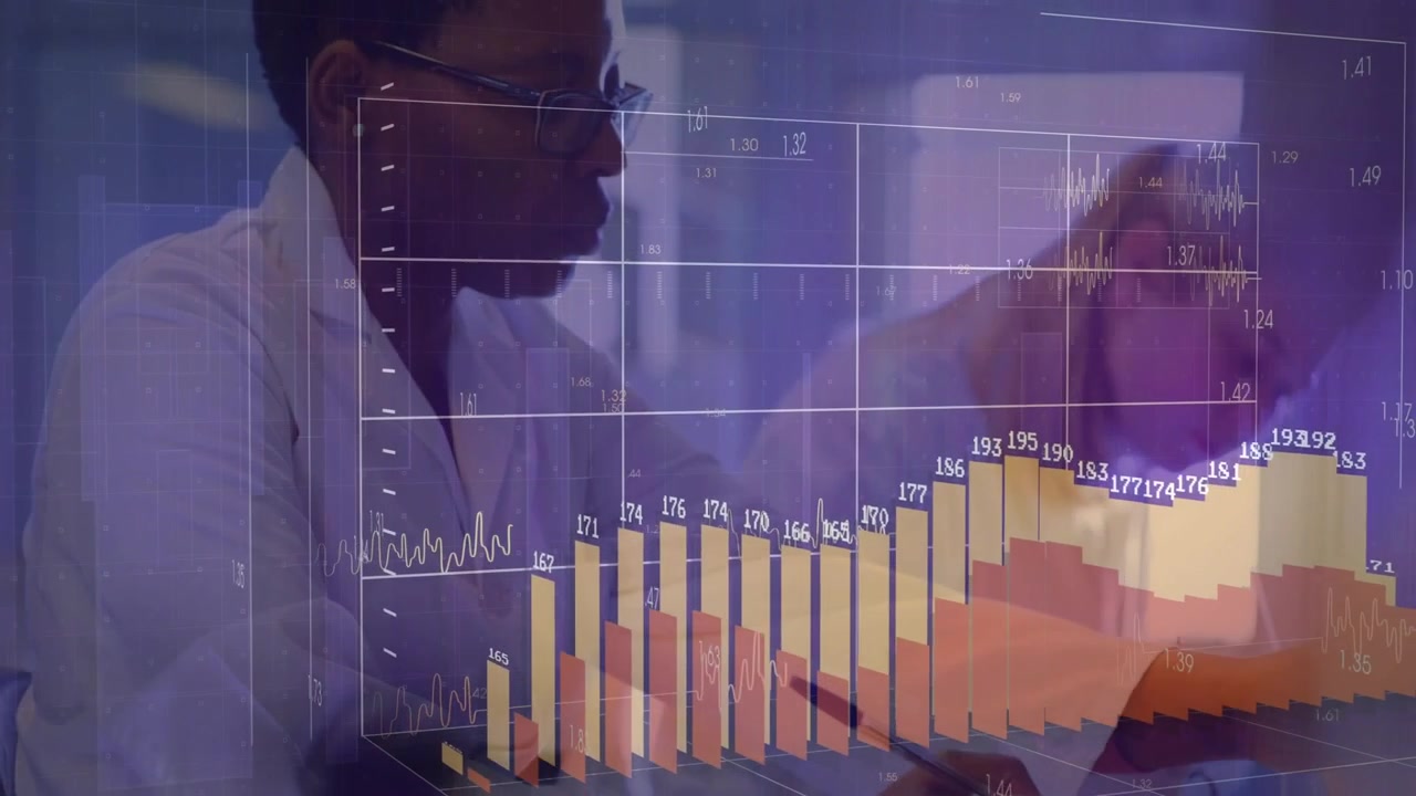 Woman researcher writing, reaching for vial as 3D grid growing into bar chart, lab peer inspecting