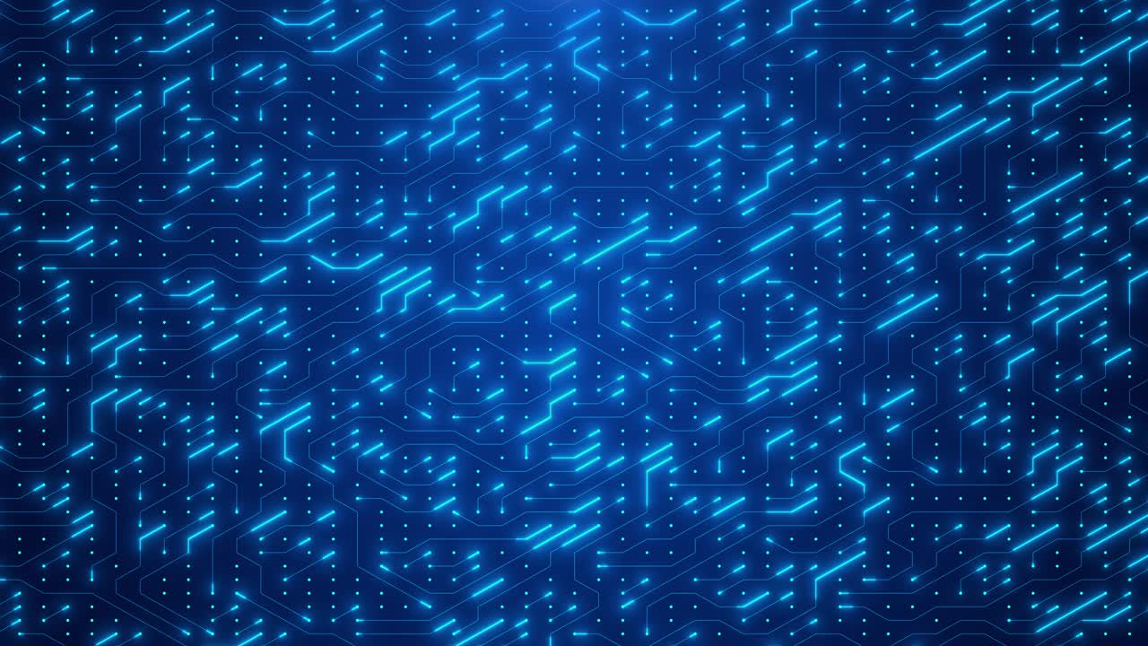 Circuit Board with moving electrons. Abstract electronic blue circuit board background. Artificial intelligence