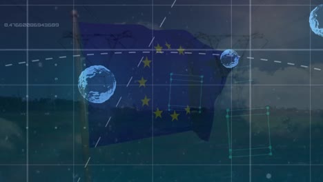 Animation-Von-Verbindungen,-Globen-Und-Der-Flagge-Der-Europäischen-Union-über-Einer-Landschaft-Mit-Stangen