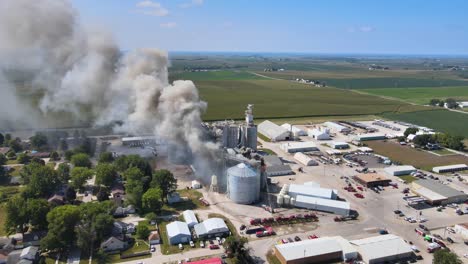 Aerial-Over-An-Industrial-Fire-In-A-Grain-Silo-Storage-Facility-On-A-Farm-In-Iowa