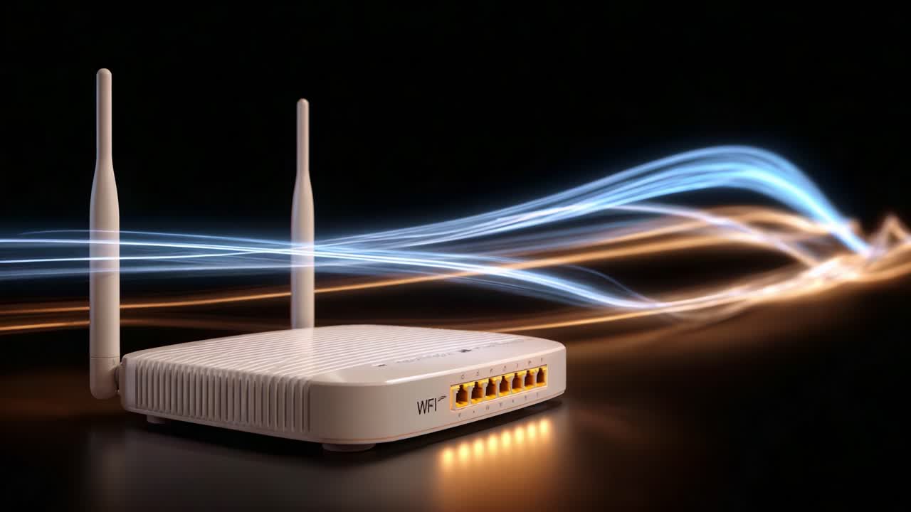 Modern Wireless Router Displaying Connectivity with Flowing Light Trails Representing Data Transmission and Network Speed in a Dark Background Setting