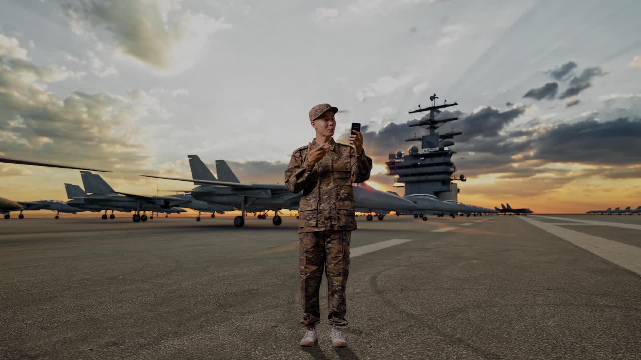 Full Body Of Asian Man Soldier Waving Hand Having A Video Call On Smartphone While Standing On Aircraft Carrier