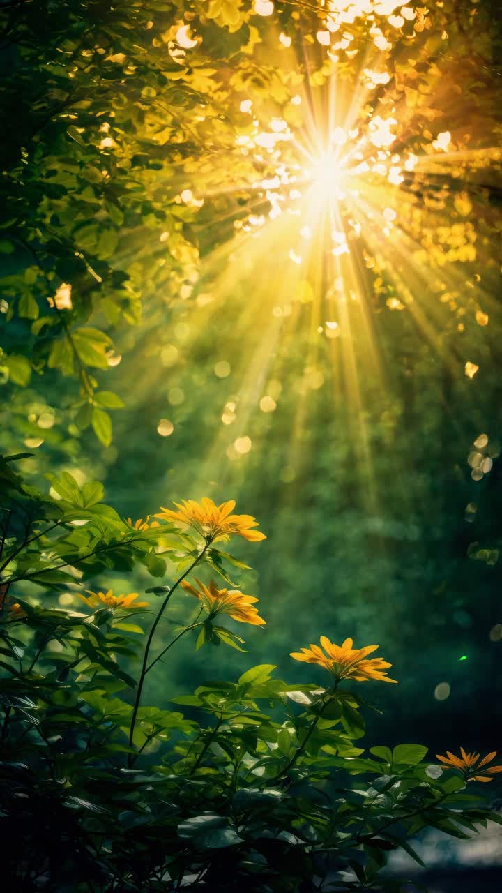 Sunlight filters through lush green leaves, illuminating yellow flowers