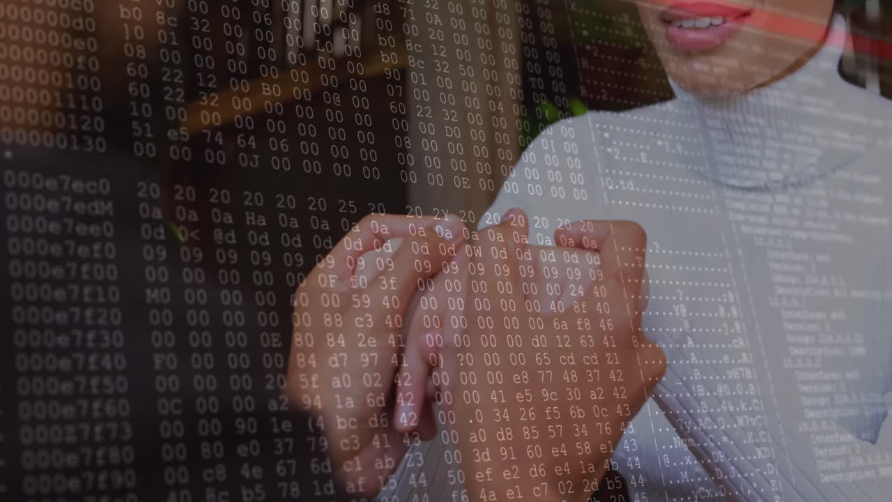 animación de procesamiento de datos contra la sección media de un hombre sosteniendo las manos de una mujer en hijab en un café