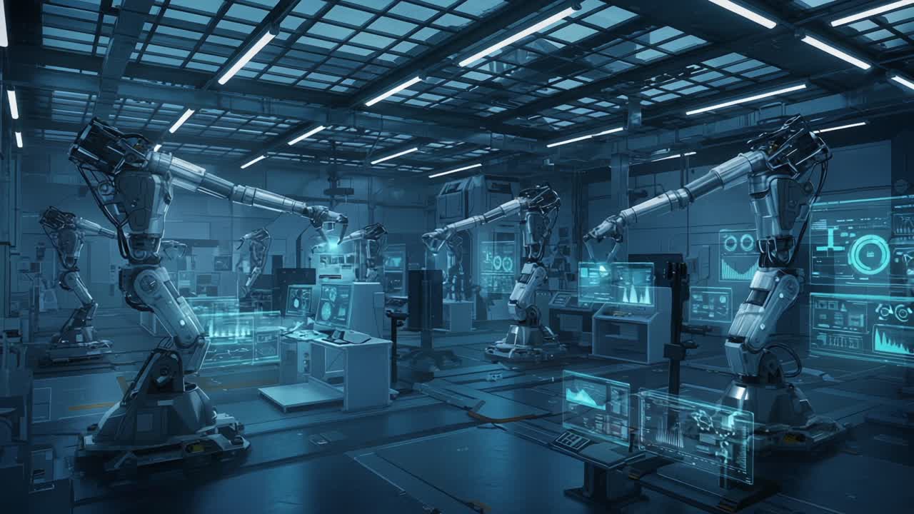 Advanced Robotic Workshop Featuring Sophisticated Mechanisms and Interactive Interfaces for Automated Processes and Data Analysis in a High-Tech Environment