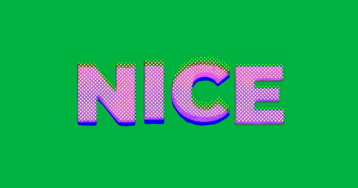 Graphic designer che posiziona lettere 3D NICE magenta trasparenti con punti a diamante gialli in una pubblicità tecnologica