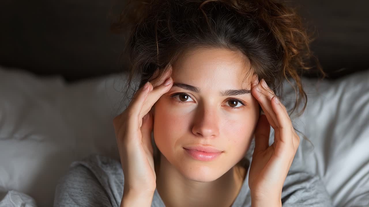 A Young Woman in Bed Experiencing Stress Relief: Relaxation Techniques for Mental Clarity and Well-Being with Eyes Closed and Hands on Her Forehead