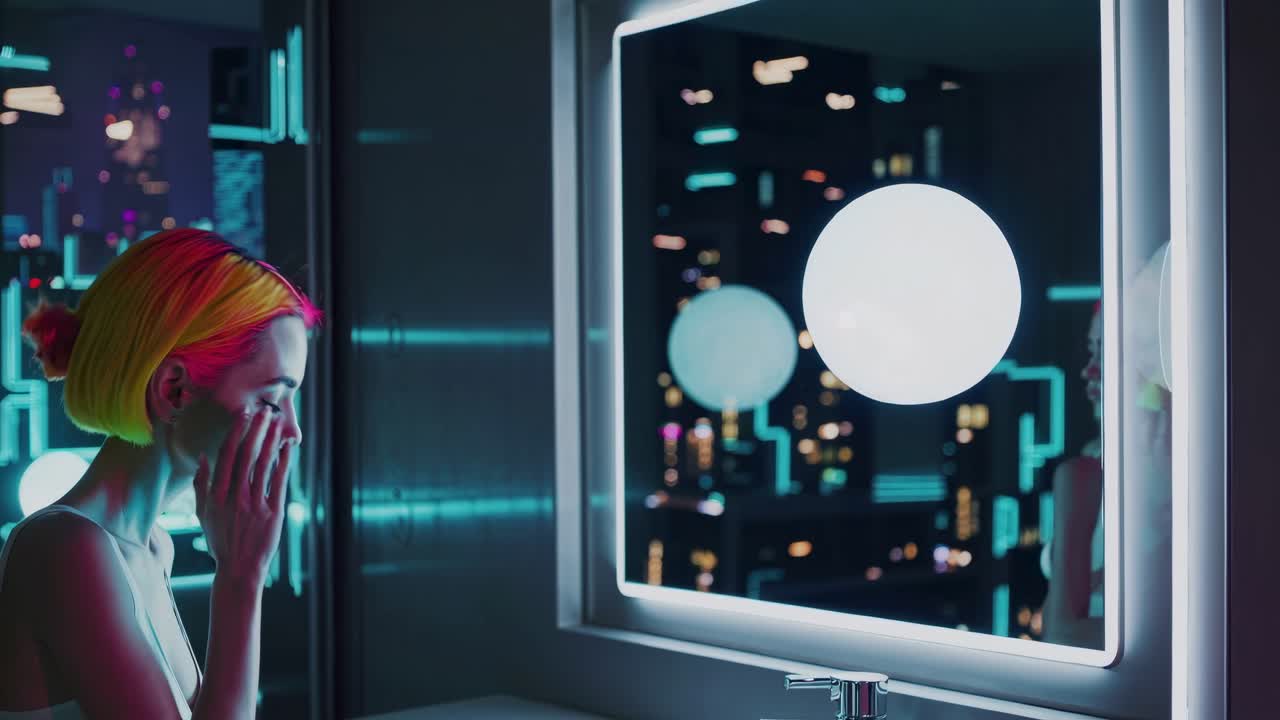 Woman Washing Face in Futuristic Bathroom