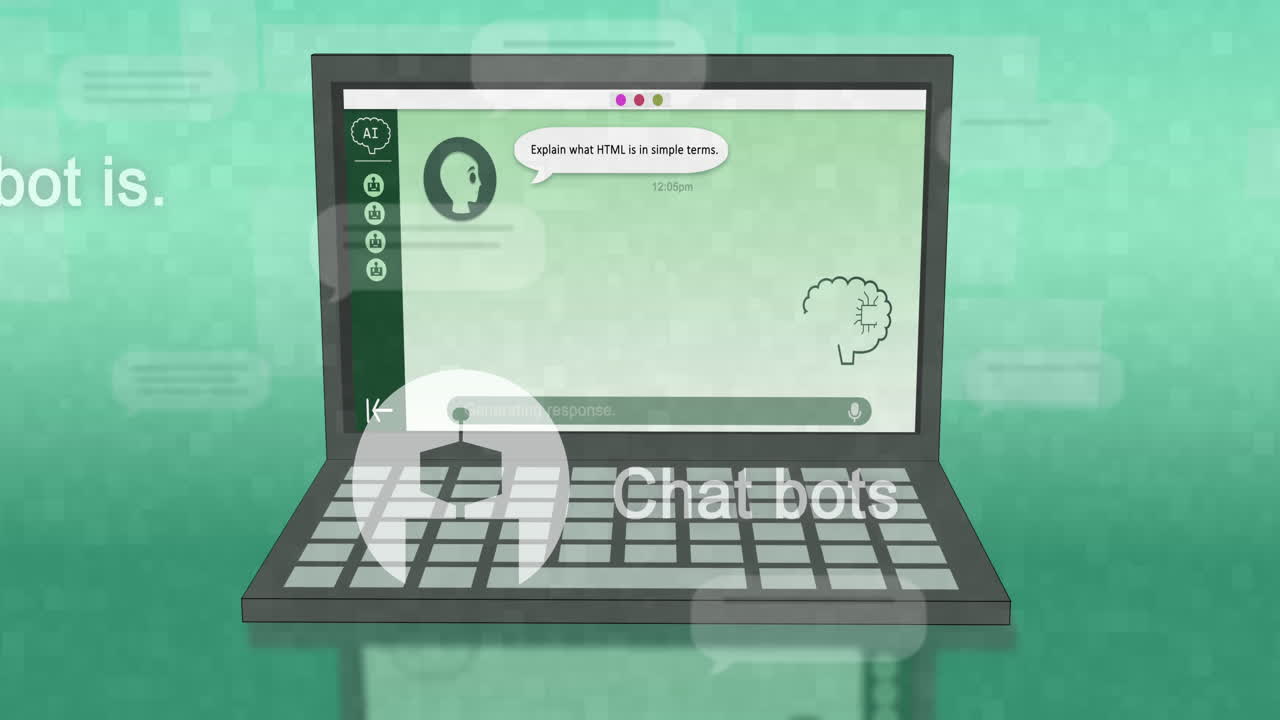 animación de un chat y procesamiento de datos en la pantalla de la computadora portátil