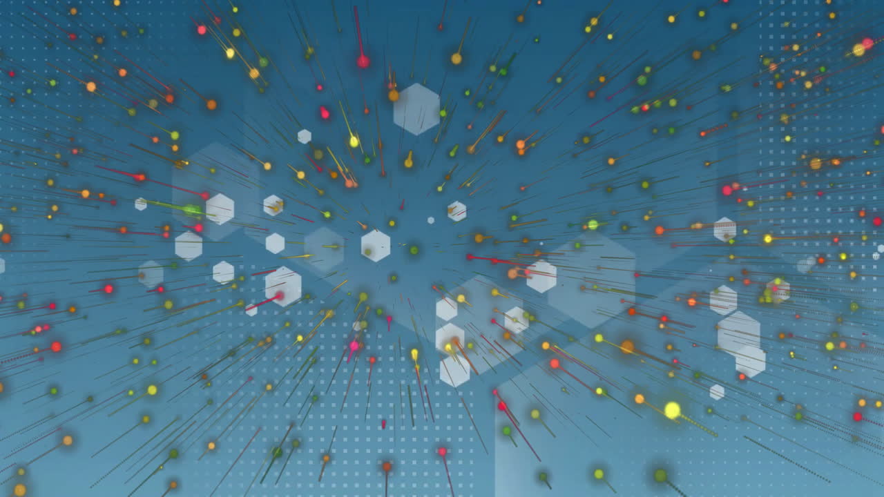 Animating colorful particle cluster radiating streaks, with floating hexagons and dotted blue grid