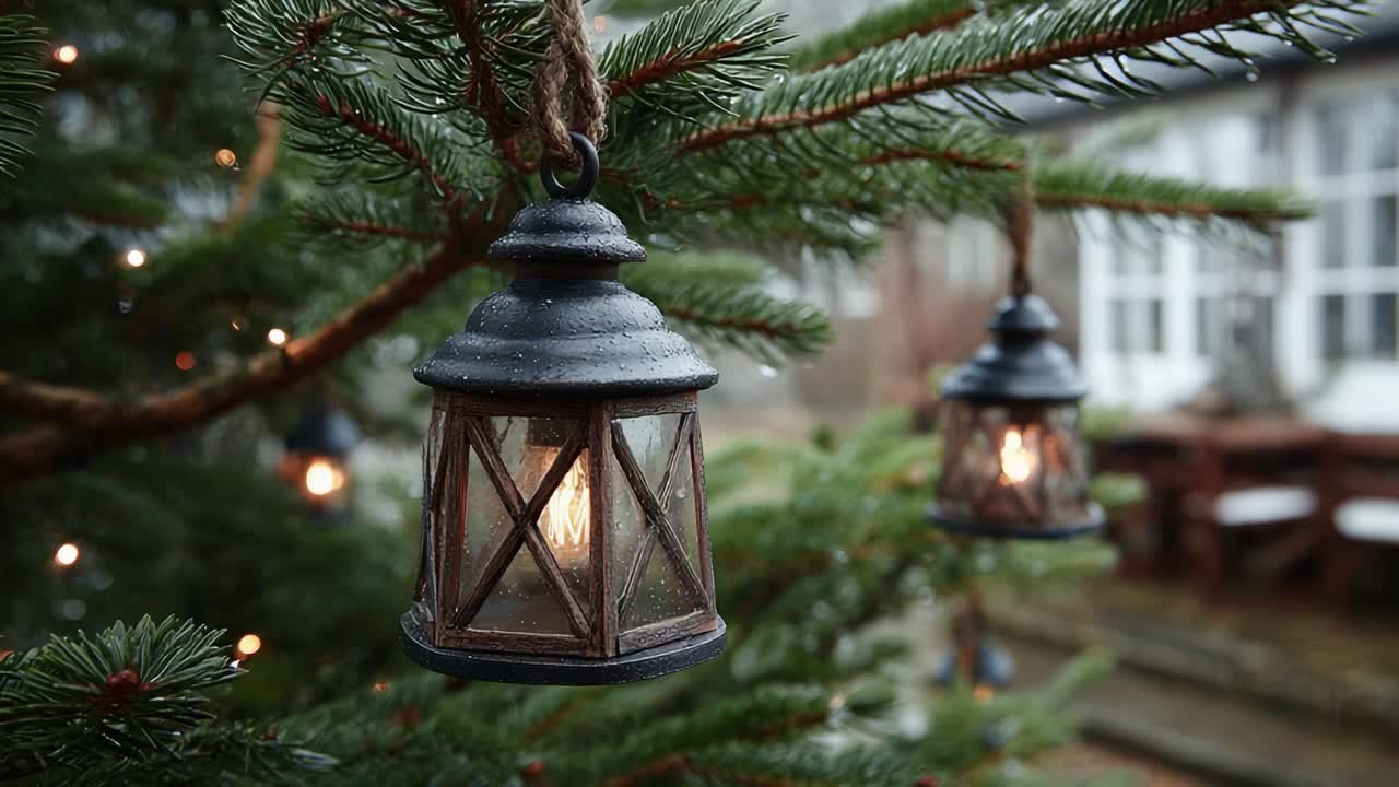 Delicate Lanterns Illuminating Festive Pine Branches, Captured in Two Frames Featuring Soft Ambient Light of Nature and the Holiday Spirit in a Cozy Atmosphere