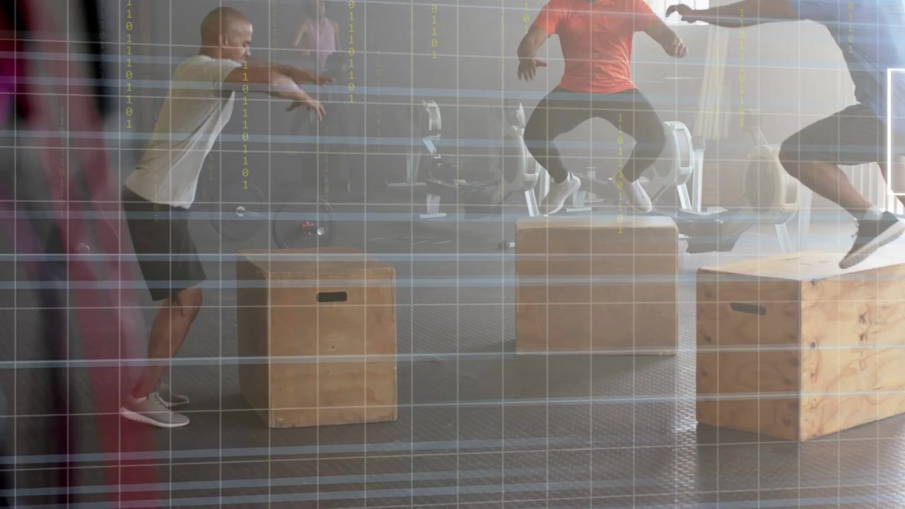 On coach cue three trainees performing plyometric box jumps in sync, landing, balancing for fitness