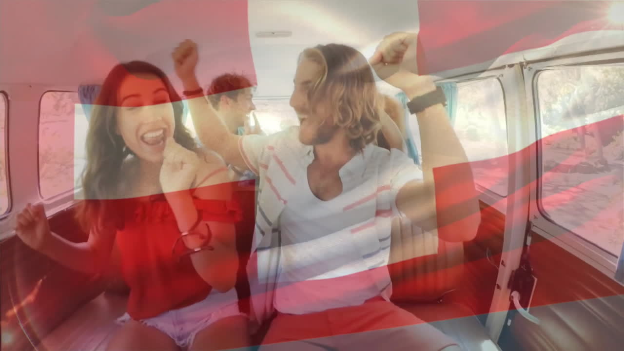 밴에서 축하하고, 사람들이 스위스 발을 흔들고 있습니다.