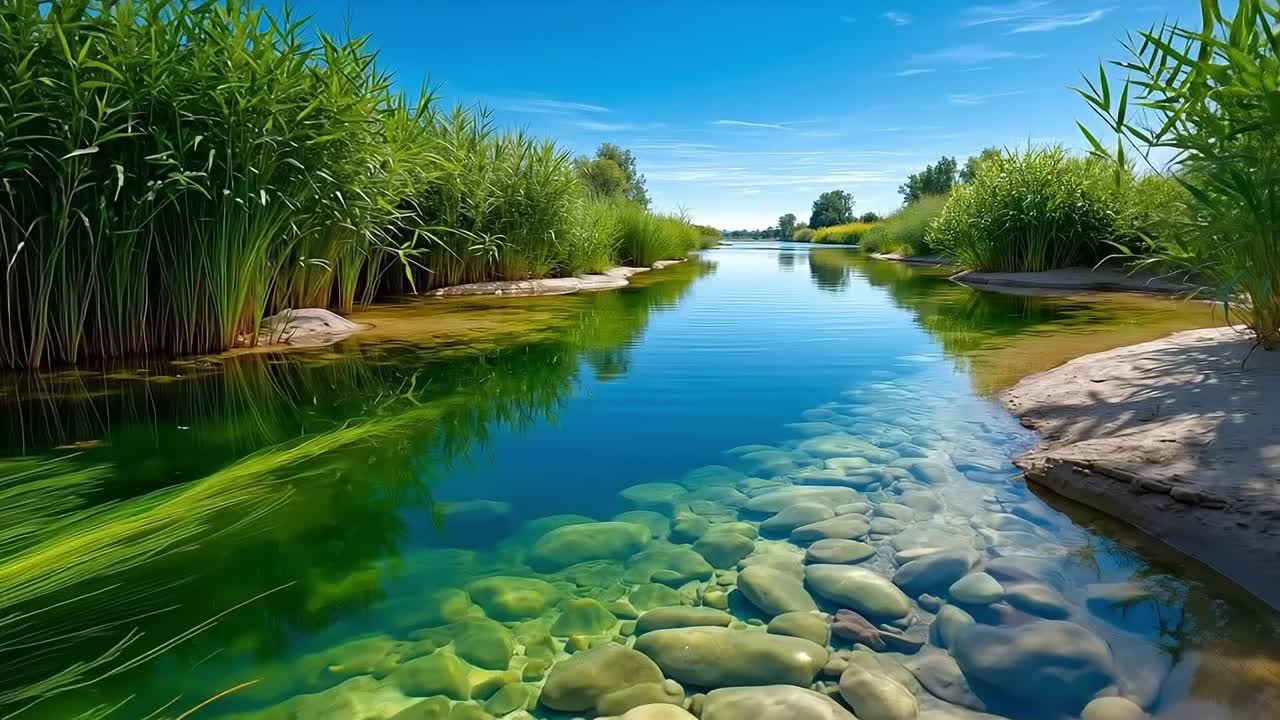 A river with rocks and reeds in the water