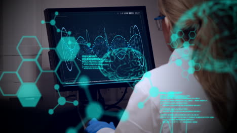 Animation of chemical formulas and data processing over caucasian female lab worker