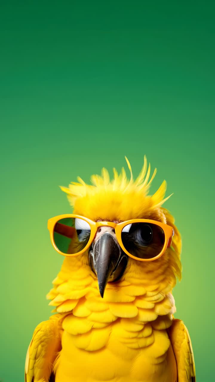 A vibrant, close-up video concept of a yellow parrot wearing sunglasses against a green background