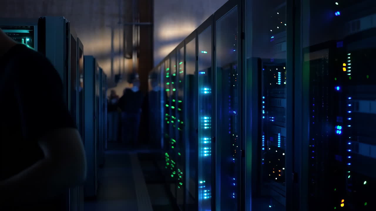 Server Room Operations with Glowing Racks and Blurred Technicians